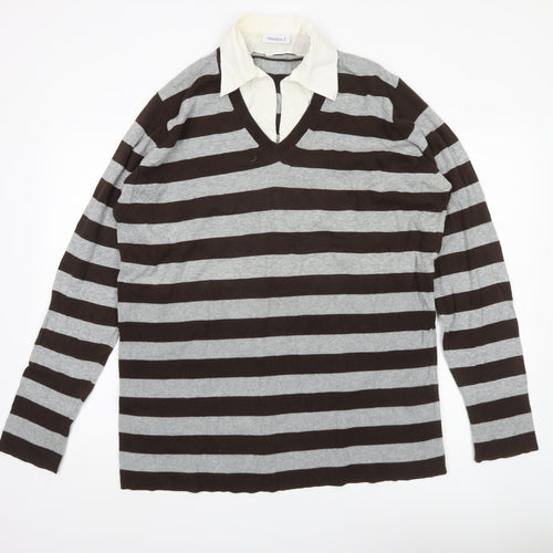Yessica Women’s XL Brown Grey Striped V-Neck Pullover Jumper