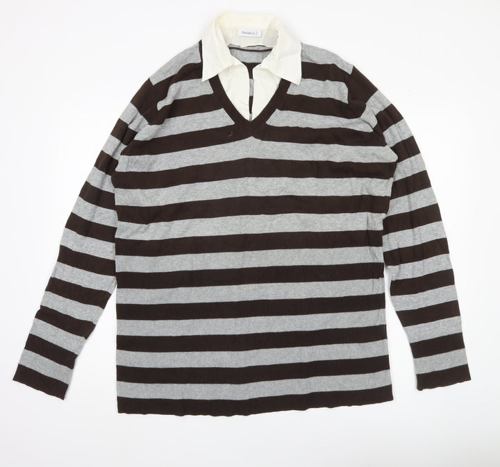 Yessica Women’s XL Brown Grey Striped V-Neck Pullover Jumper