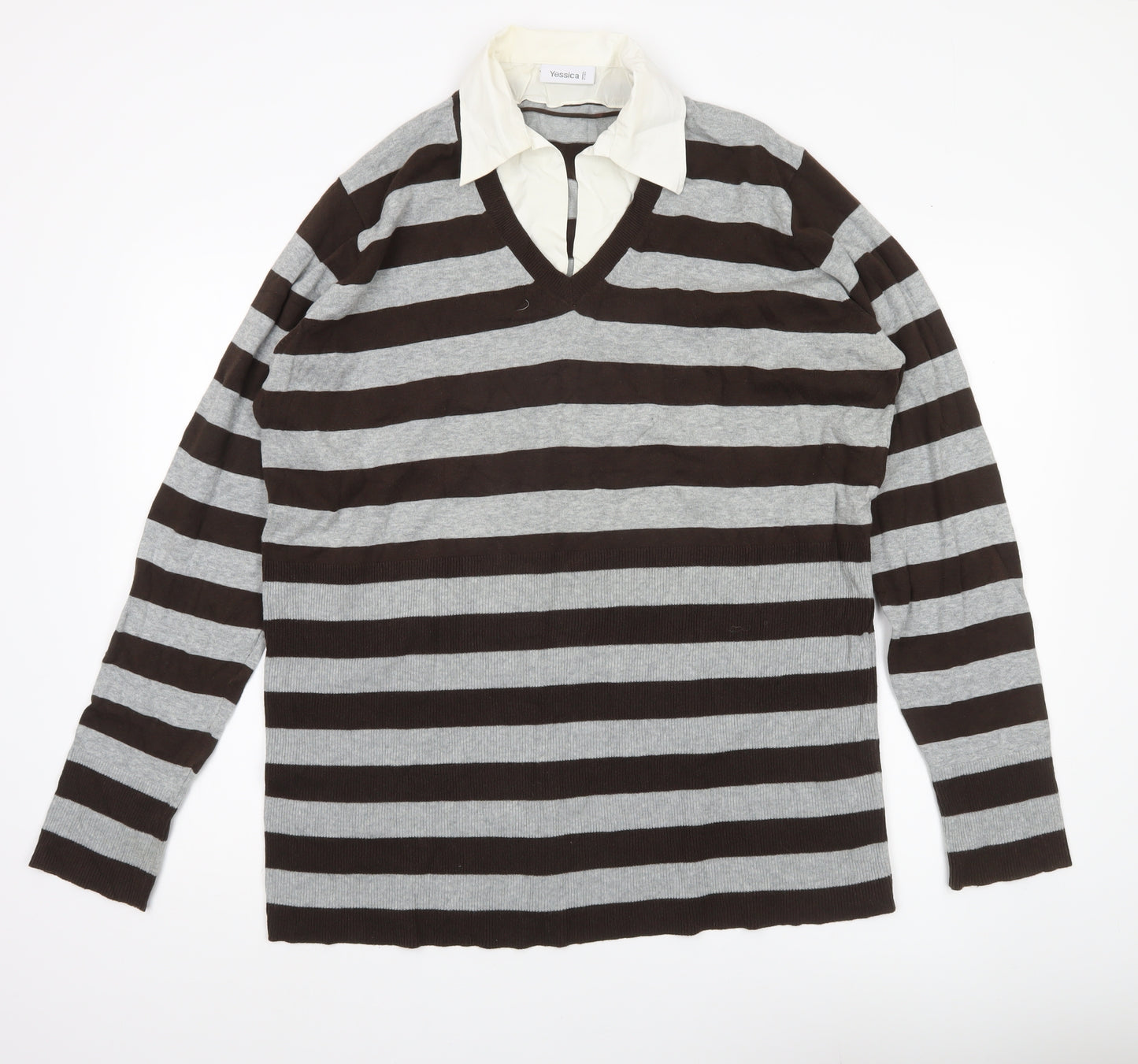 Yessica Women’s XL Brown Grey Striped V-Neck Pullover Jumper