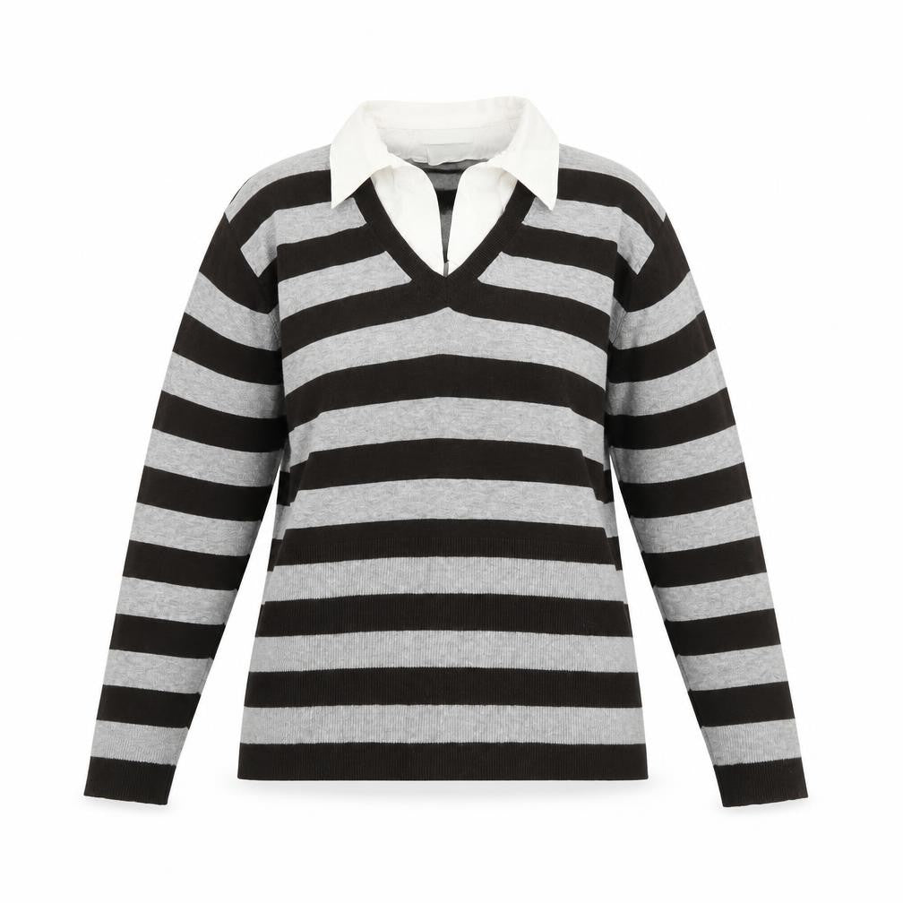 Front view of Yessica Women’s XL Brown Grey Striped V-Neck jumper