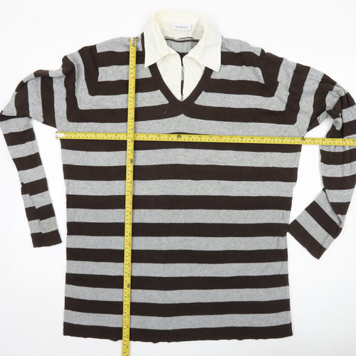 Yessica Women’s XL Brown Grey Striped V-Neck Pullover Jumper