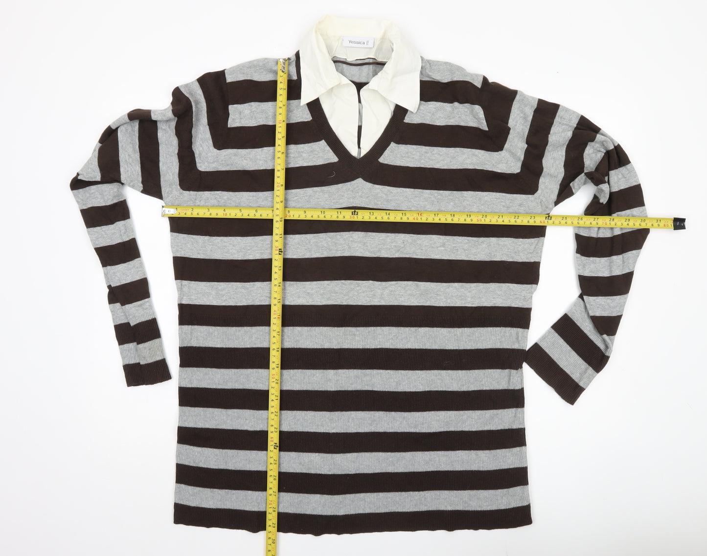 Yessica Women’s XL Brown Grey Striped V-Neck Pullover Jumper