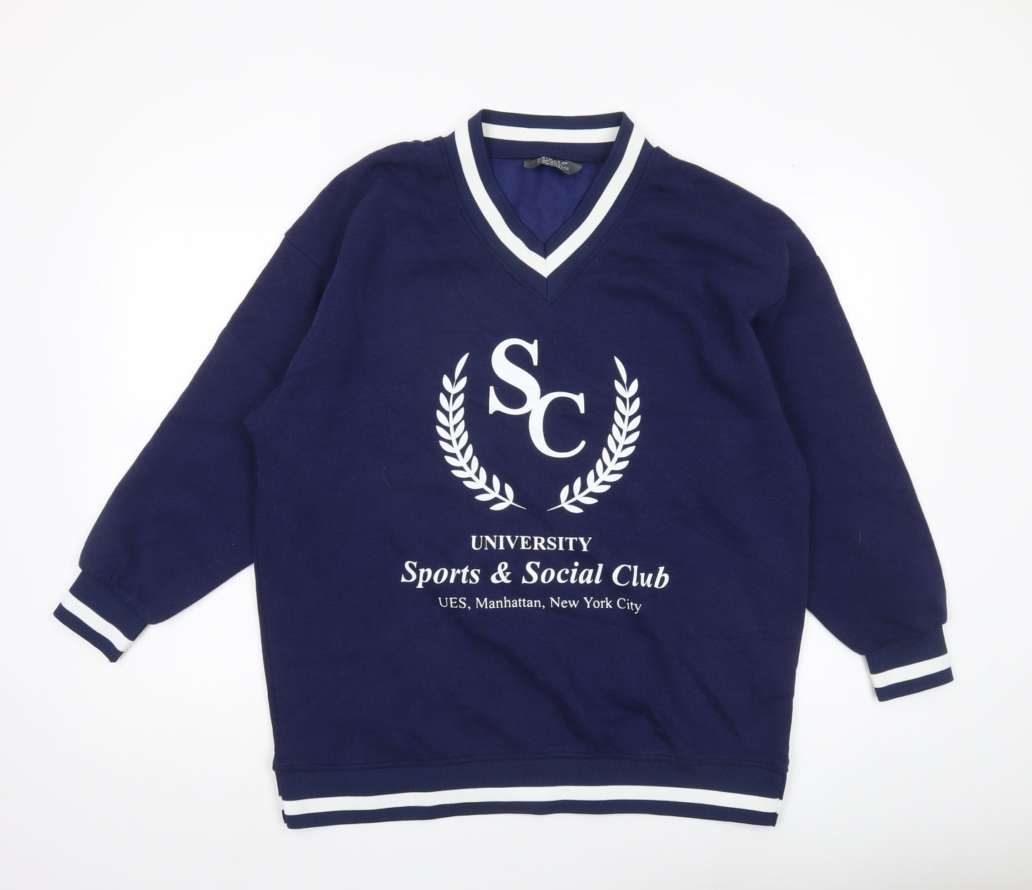 Primark Womens Navy Sweatshirt Small V-Neck University Print