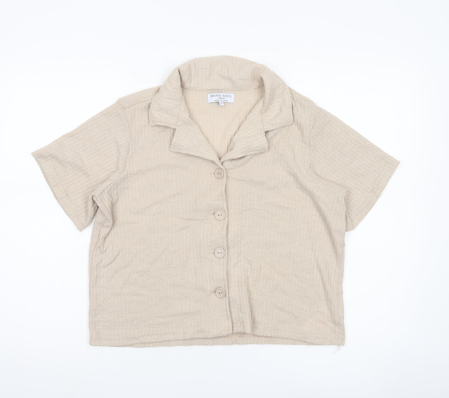 Brave Soul Women’s Beige Cropped Button-Up Shirt S Casual