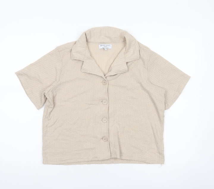 Brave Soul Women’s Beige Cropped Button-Up Shirt S Casual