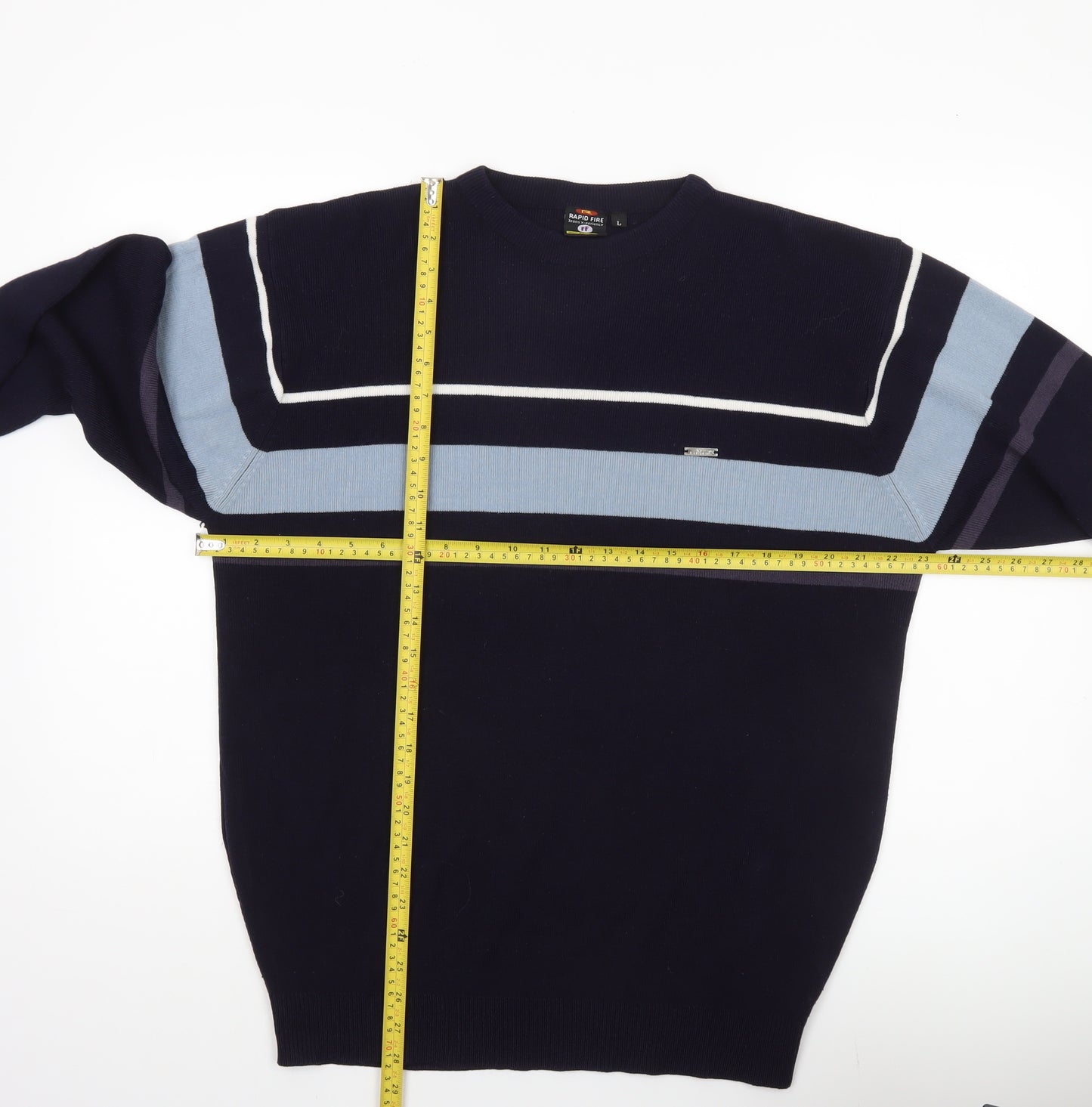 Rapid Fire Men's Blue Striped Pullover Jumper L Crew Neck Knit