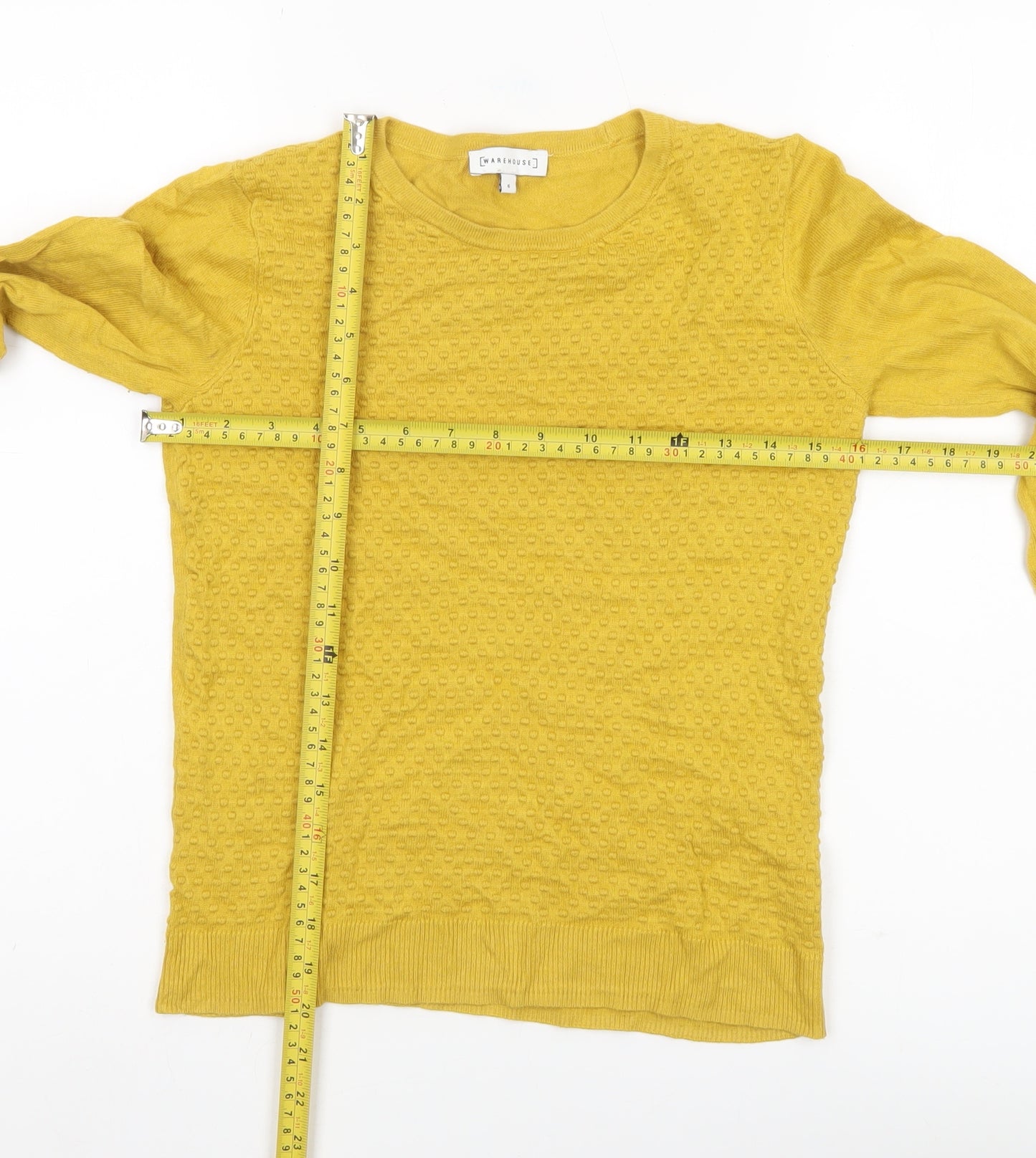 Warehouse Womens Yellow Knit Jumper Size 6 Crew Neck Long Sleeve