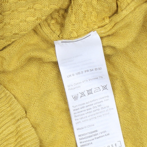 Warehouse Womens Yellow Knit Jumper Size 6 Crew Neck Long Sleeve