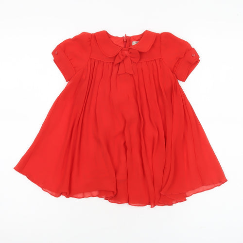 Next Girls Red A-Line Party Dress 12-18 Months Puff Sleeve Bow Detail