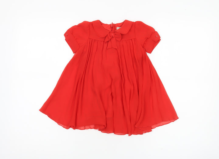 Next Girls Red A-Line Party Dress 12-18 Months Puff Sleeve Bow Detail