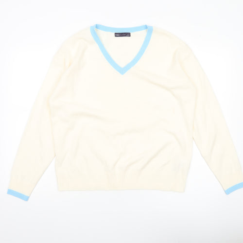 Marks and Spencer Women Ivory Blue V-Neck Acrylic Jumper Size 14
