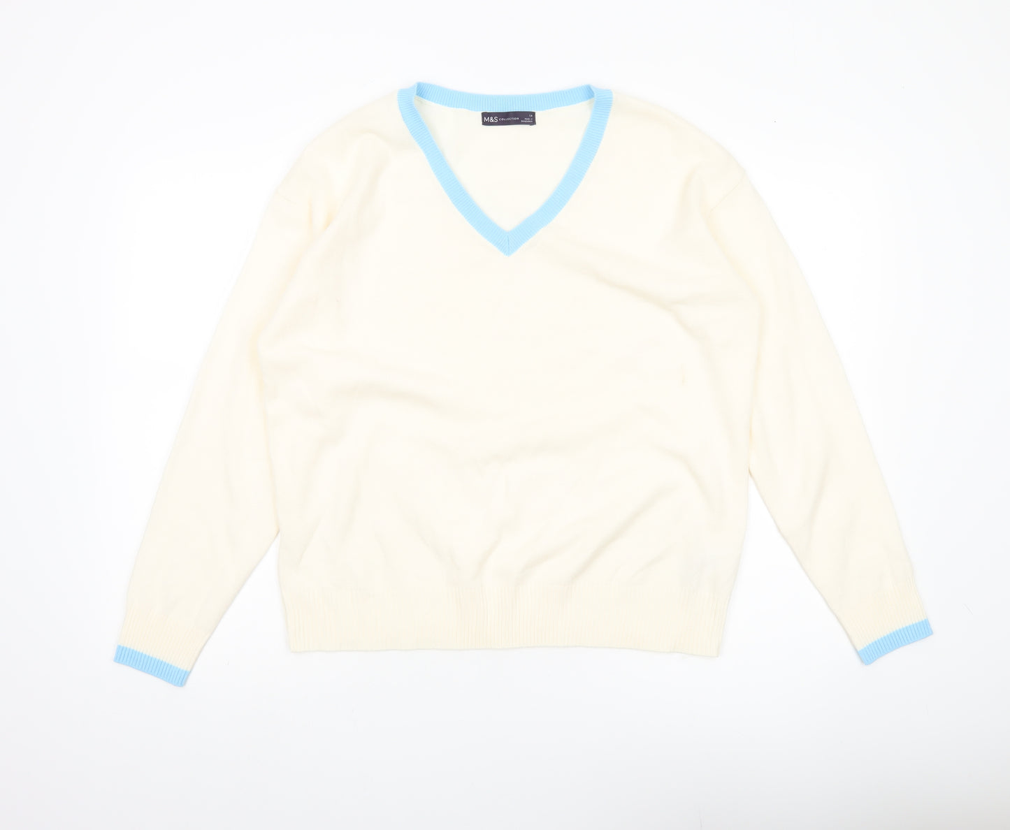 Marks and Spencer Women Ivory Blue V-Neck Acrylic Jumper Size 14