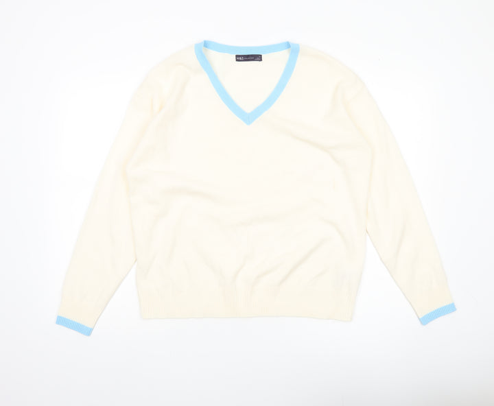 Marks and Spencer Women Ivory Blue V-Neck Acrylic Jumper Size 14