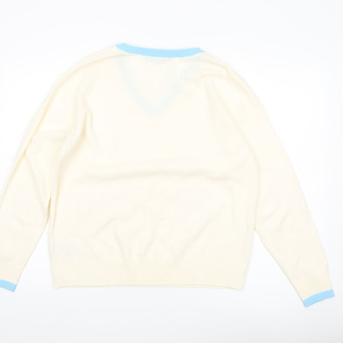 Marks and Spencer Women Ivory Blue V-Neck Acrylic Jumper Size 14