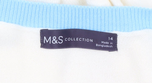 Marks and Spencer Women Ivory Blue V-Neck Acrylic Jumper Size 14