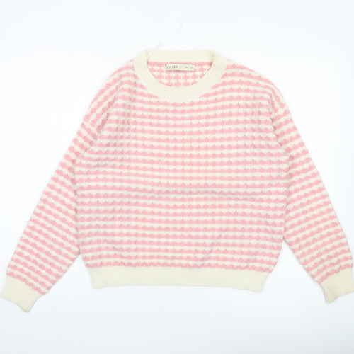Oasis Women’s Pink Stripe Knit Pullover Jumper M Crew Neck Long Sleeve