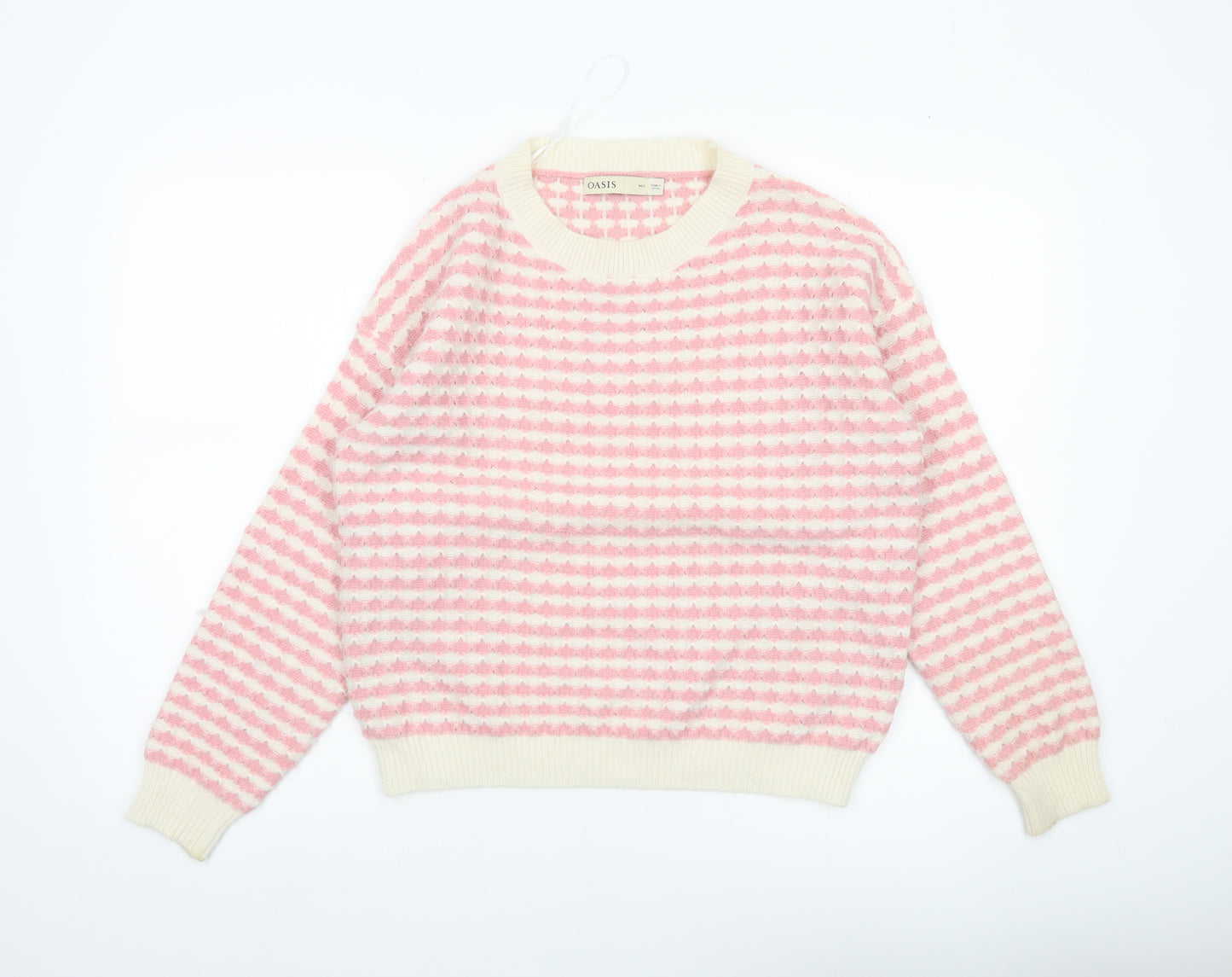 Oasis Women’s Pink Stripe Knit Pullover Jumper M Crew Neck Long Sleeve