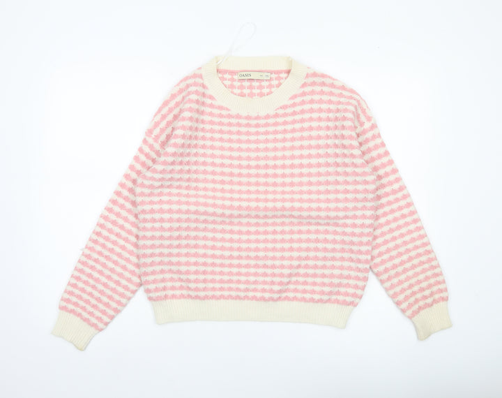 Oasis Women’s Pink Stripe Knit Pullover Jumper M Crew Neck Long Sleeve