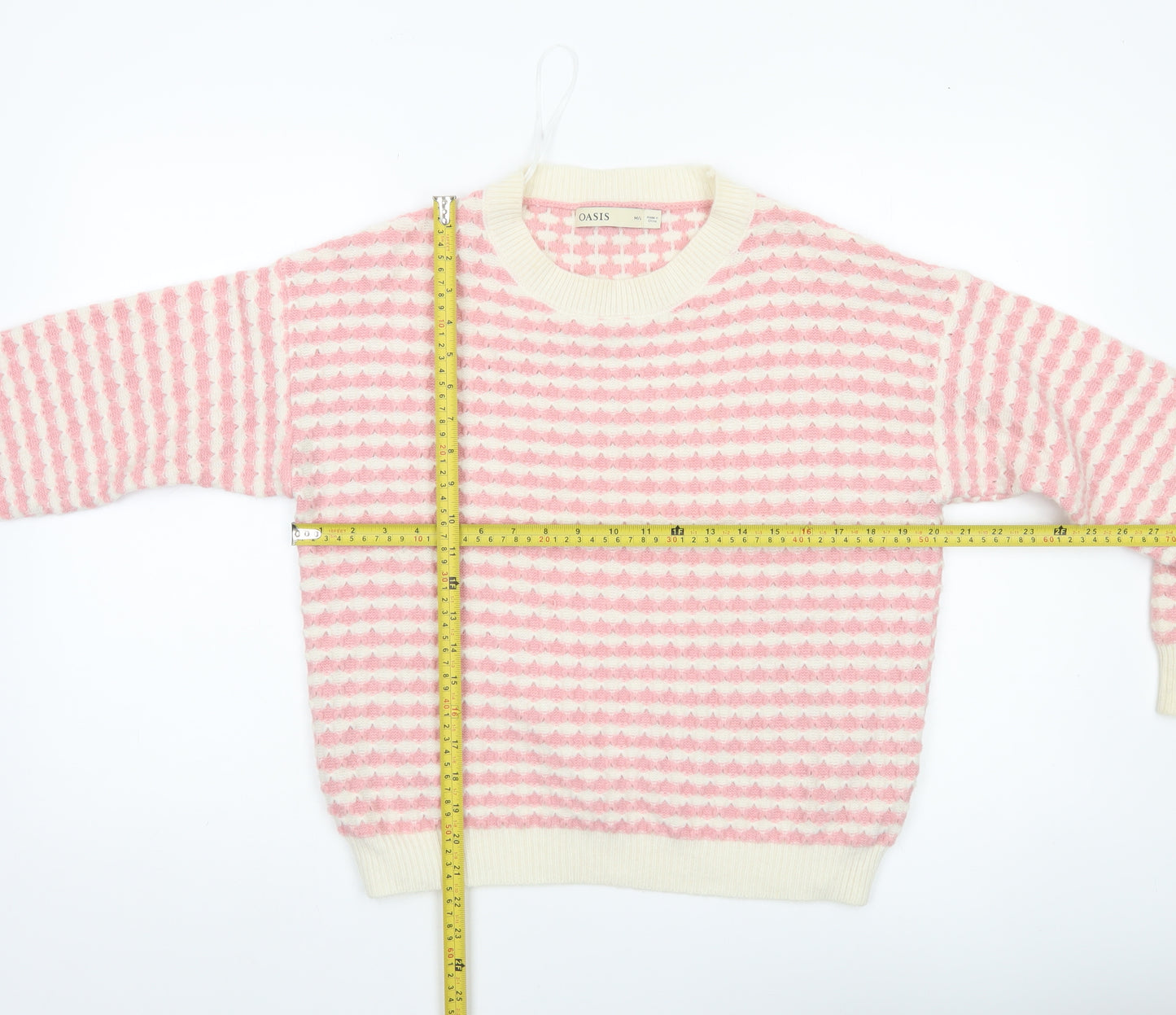 Oasis Women’s Pink Stripe Knit Pullover Jumper M Crew Neck Long Sleeve