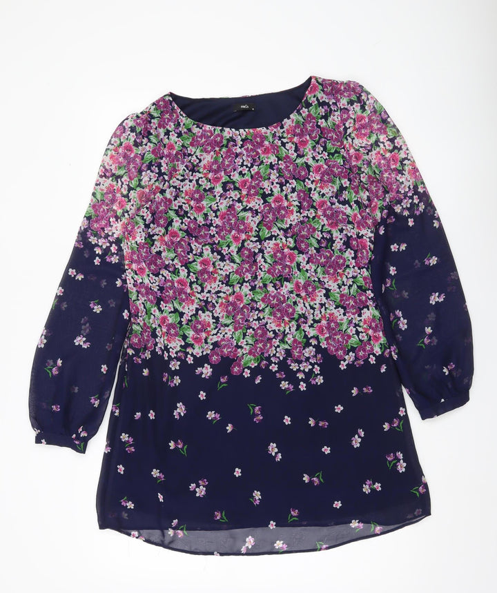 M&Co Women’s Blue Floral Shift Dress Size 10 Long Sleeve