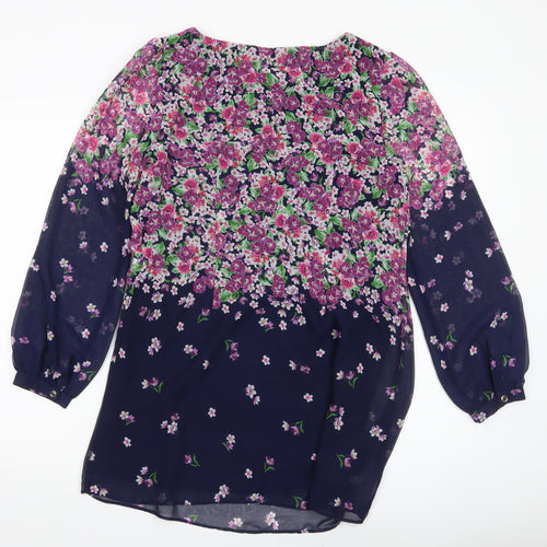 M&Co Women’s Blue Floral Shift Dress Size 10 Long Sleeve