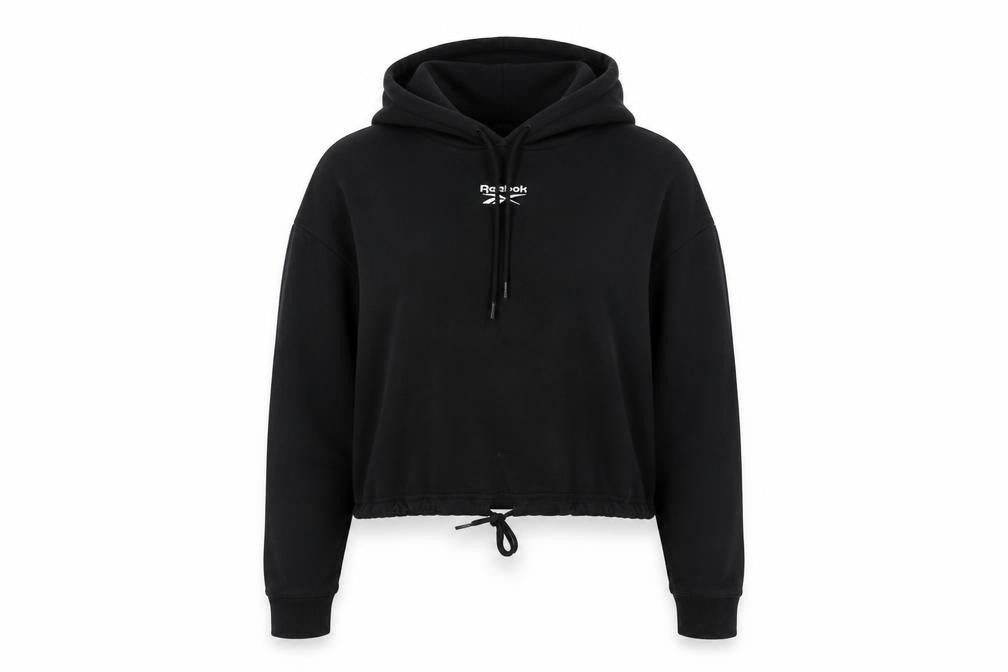 Front view of Reebok women’s black pullover hoodie sweatshirt, size S, logo sportswear