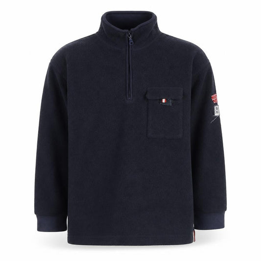 Front view of Cyrillus boys’ blue fleece 1/4 zip baseball sweatshirt age 10 years