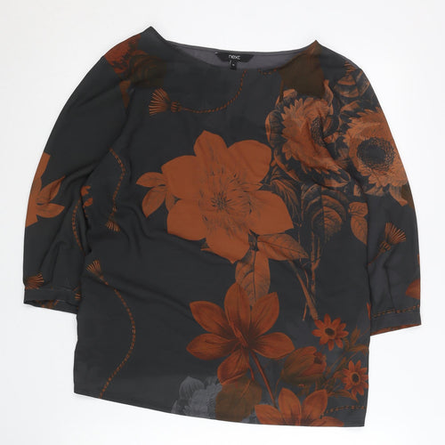Next Womens Black Brown Floral Blouse Size 14 Boat Neck 3/4 Sleeve