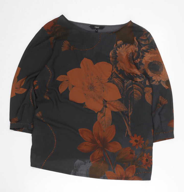 Next Womens Black Brown Floral Blouse Size 14 Boat Neck 3/4 Sleeve