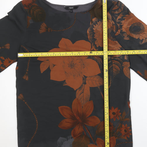 Next Womens Black Brown Floral Blouse Size 14 Boat Neck 3/4 Sleeve