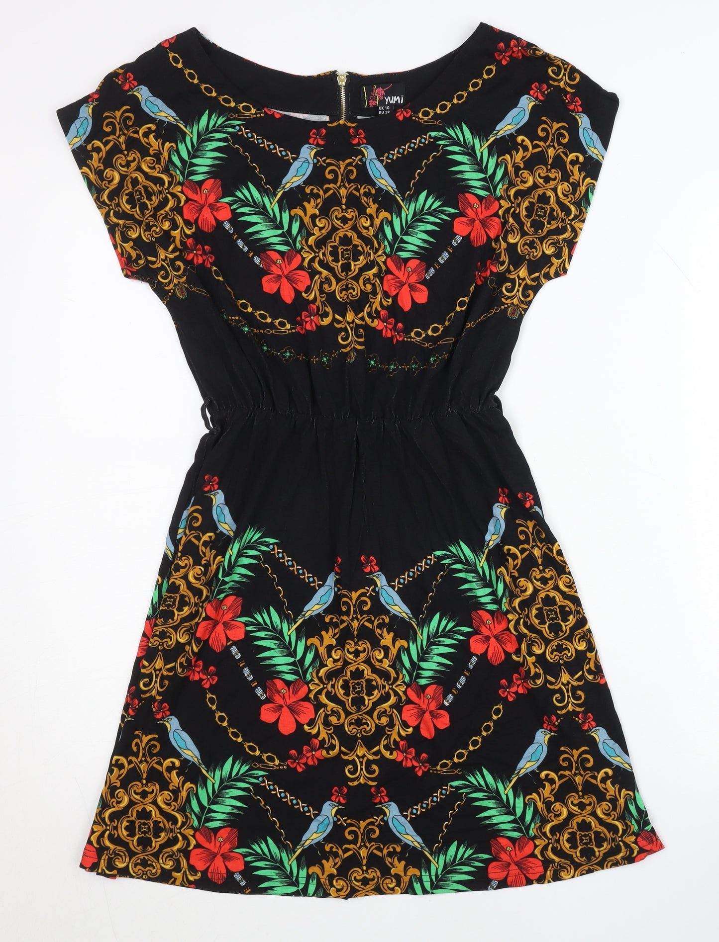 Yumi Women’s Black Floral Tropical A-Line Dress UK 10