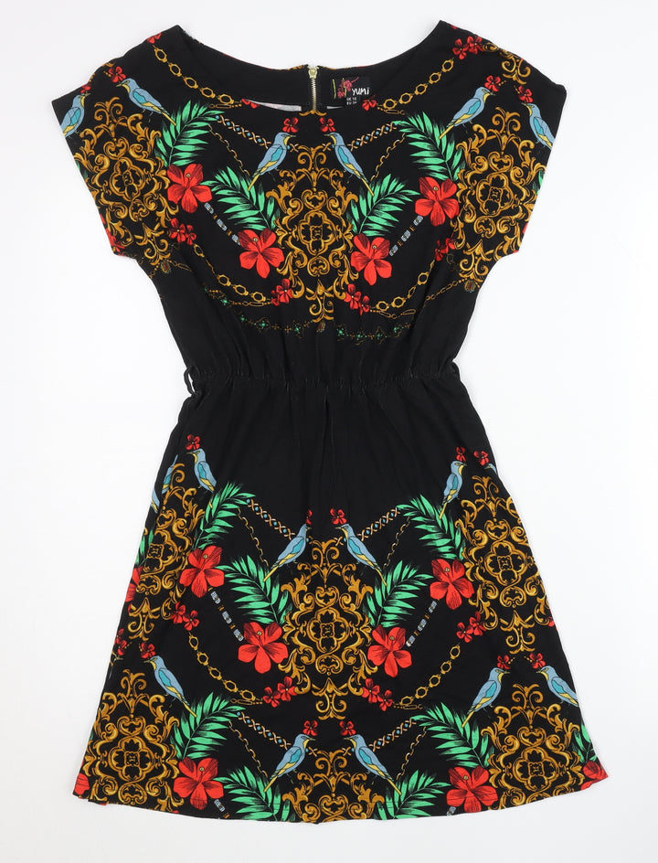 Yumi Women’s Black Floral Tropical A-Line Dress UK 10