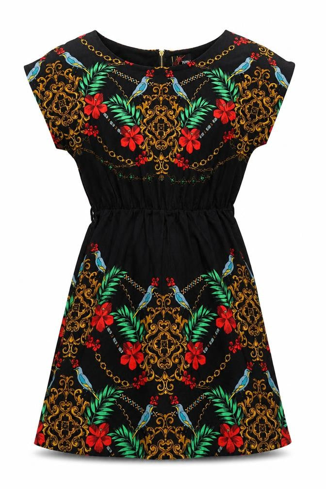 Yumi Women’s Black Floral Tropical A-Line Dress UK 10