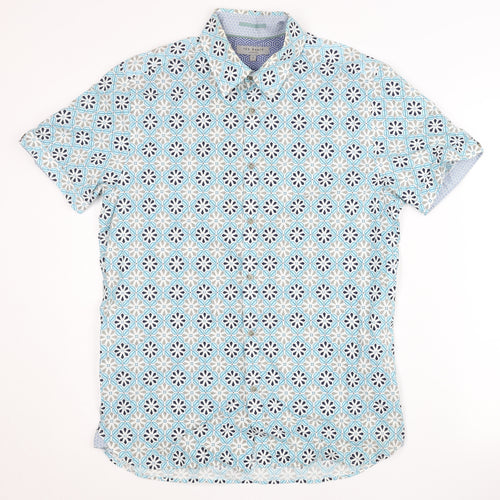 Ted Baker Mens Blue Geometric Short Sleeve Cotton Button Shirt M