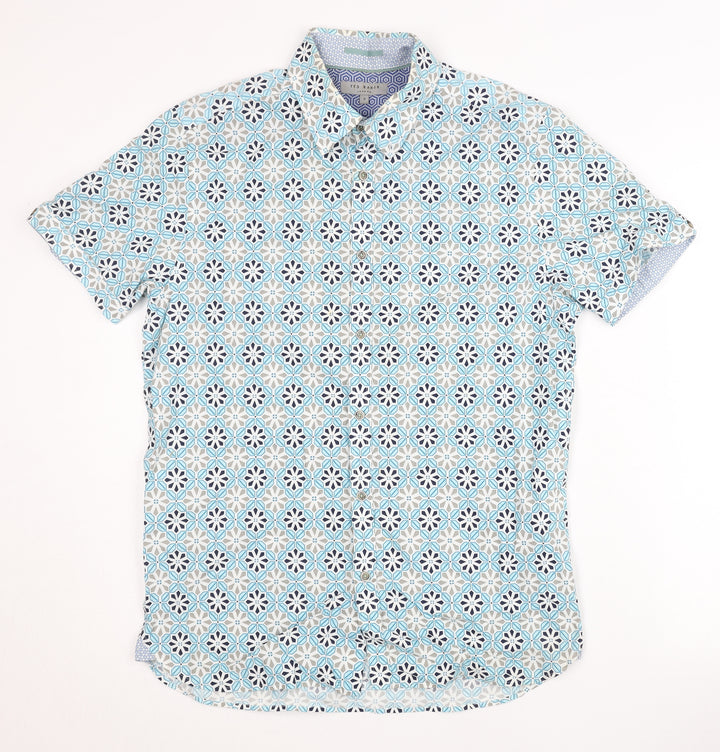 Ted Baker Mens Blue Geometric Short Sleeve Cotton Button Shirt M