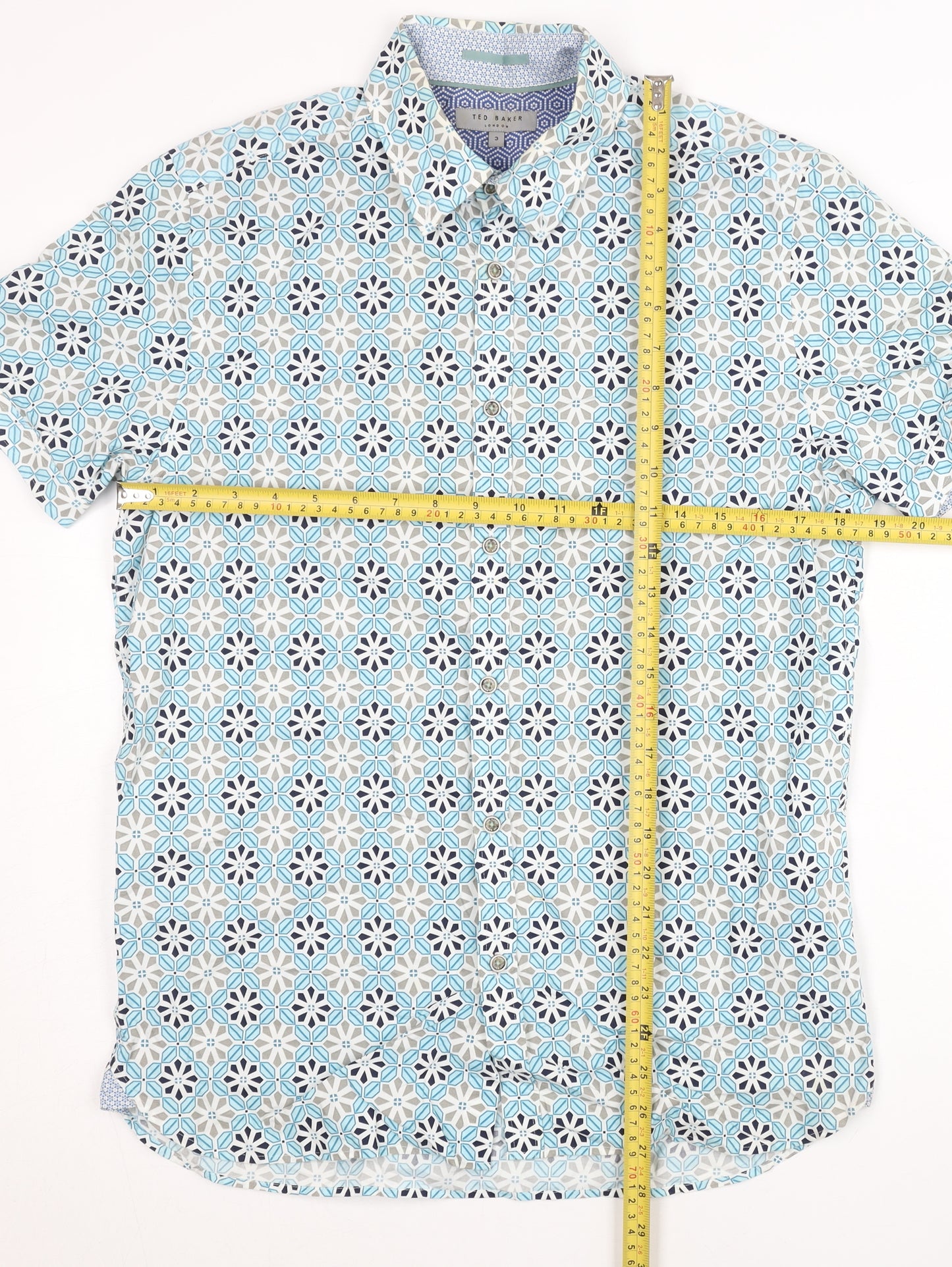 Ted Baker Mens Blue Geometric Short Sleeve Cotton Button Shirt M