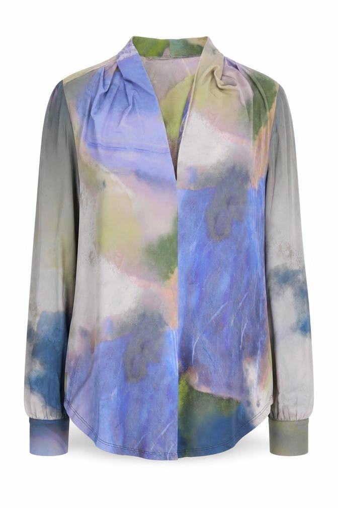 Front view of Next women’s multicoloured blouse, size UK 6, long sleeve v-neck