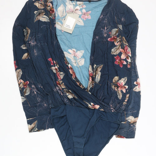 Zara Women Blue Floral Viscose Bodysuit Size 6 Long Sleeve V-Neck