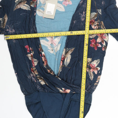 Zara Women Blue Floral Viscose Bodysuit Size 6 Long Sleeve V-Neck