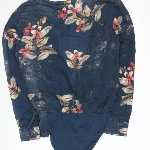 Zara Women Blue Floral Viscose Bodysuit Size 6 Long Sleeve V-Neck