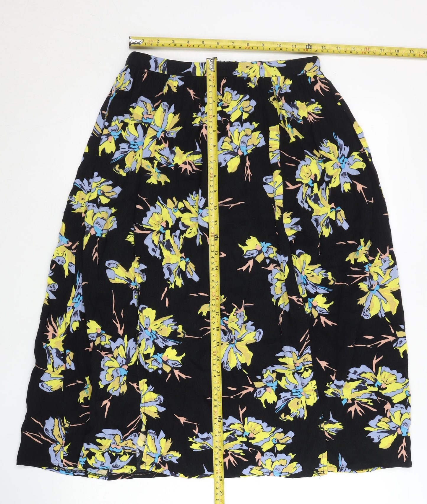 Topshop Women’s Black Floral Midi A-Line Skirt Size 8 Viscose