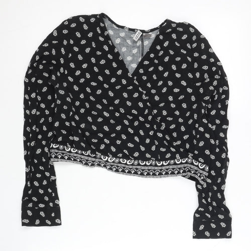H&M Womens Black Paisley Wrap Blouse Size 14 Long Sleeve Casual