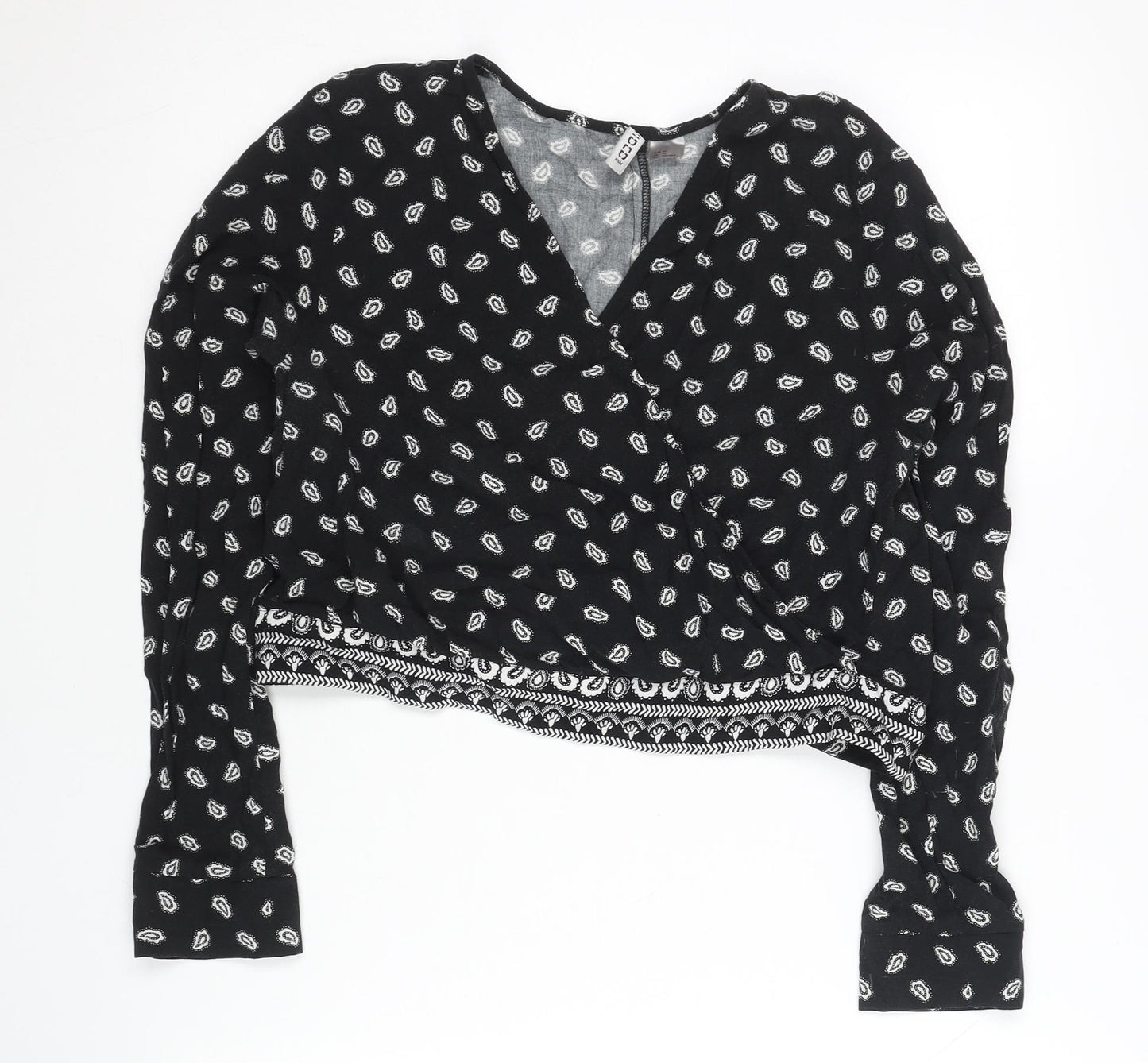 H&M Womens Black Paisley Wrap Blouse Size 14 Long Sleeve Casual