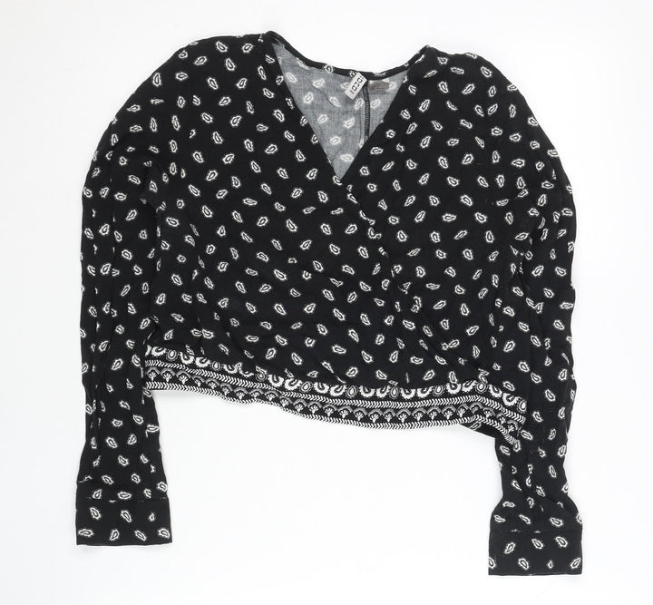 H&M Womens Black Paisley Wrap Blouse Size 14 Long Sleeve Casual