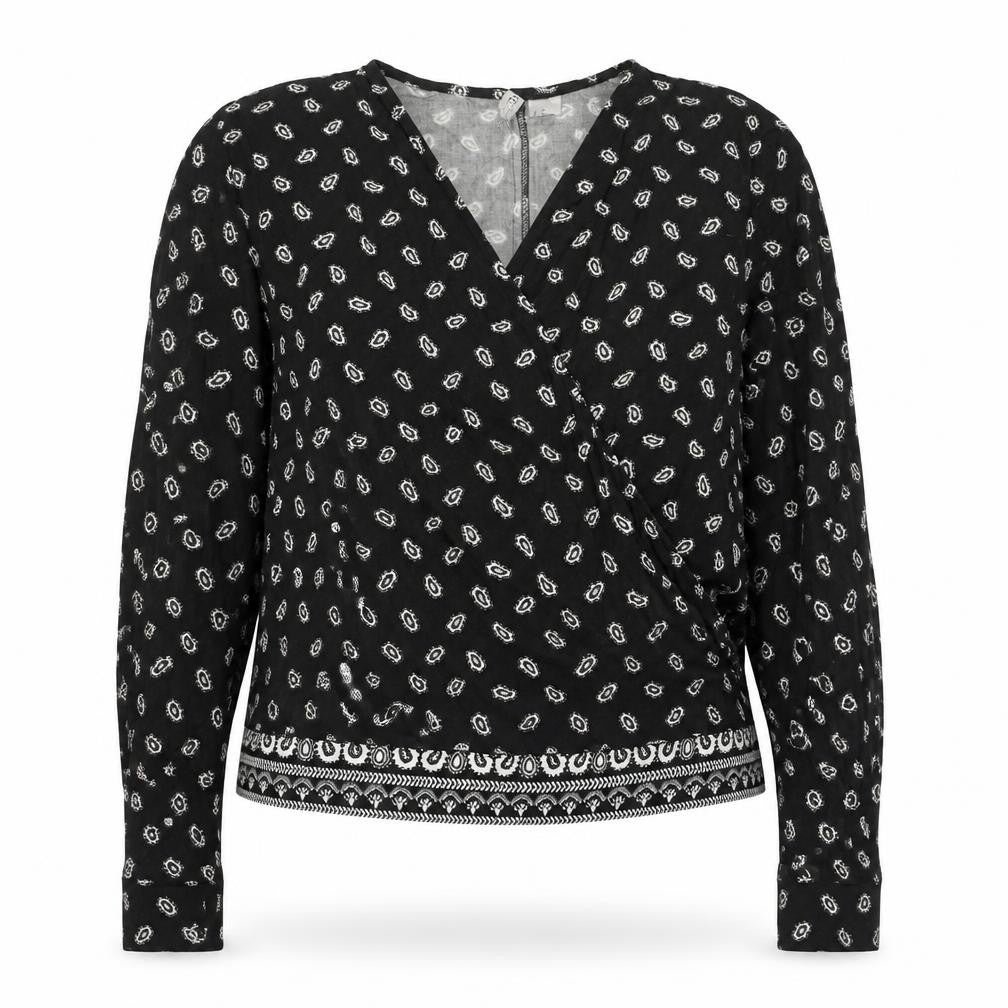 H&M Womens Black Paisley Wrap Blouse Size 14 Long Sleeve Casual