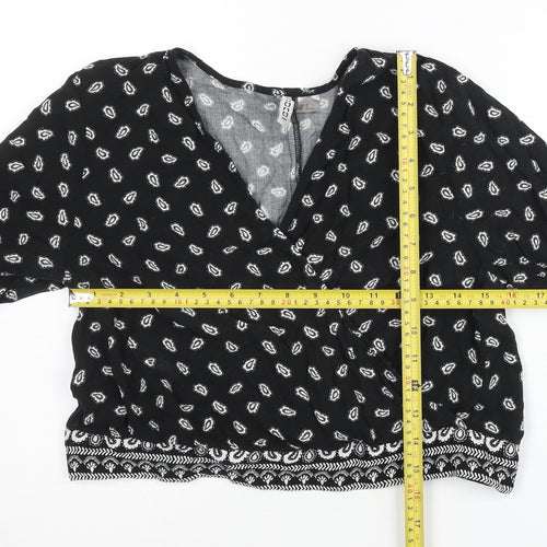 H&M Womens Black Paisley Wrap Blouse Size 14 Long Sleeve Casual