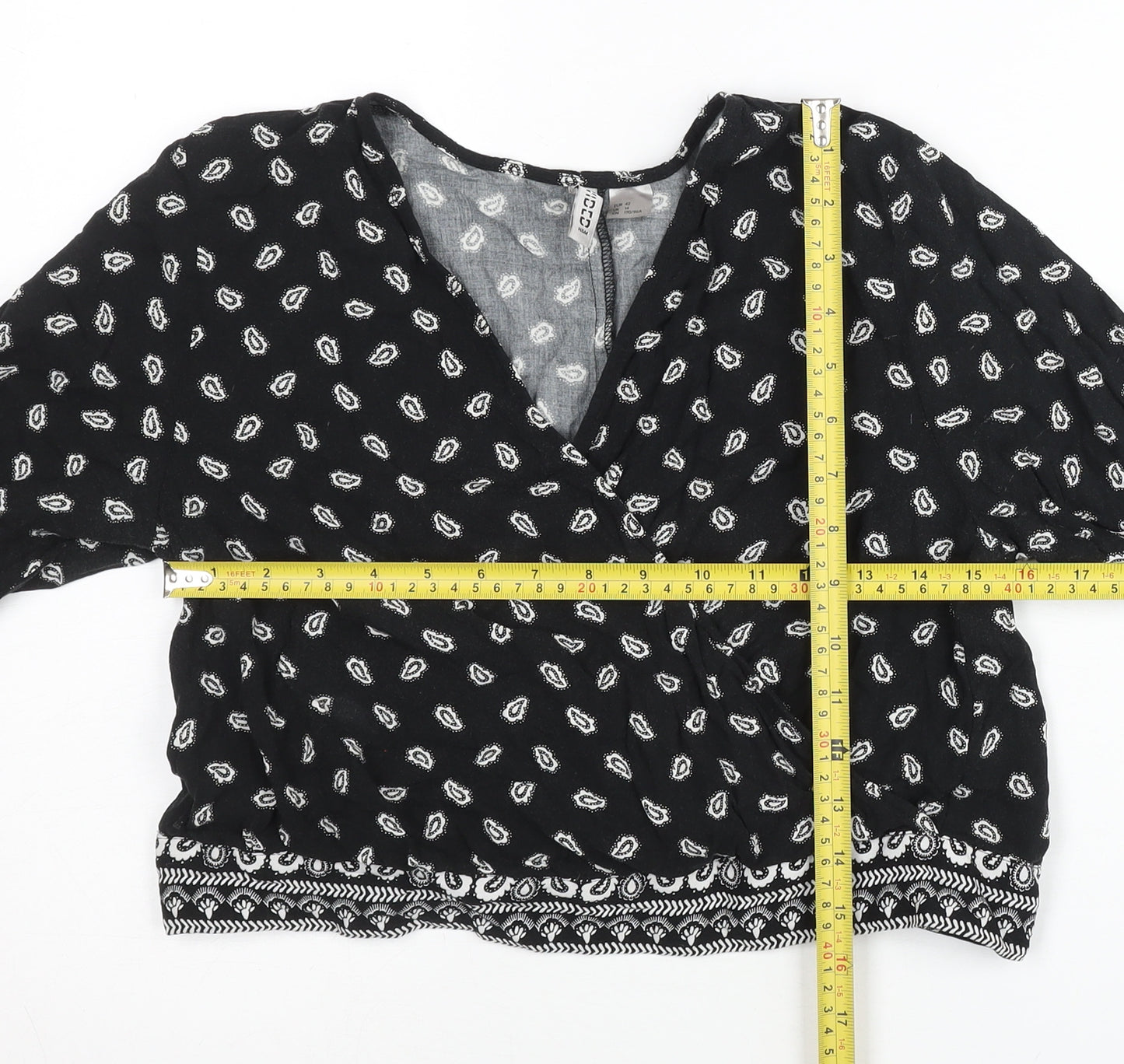 H&M Womens Black Paisley Wrap Blouse Size 14 Long Sleeve Casual
