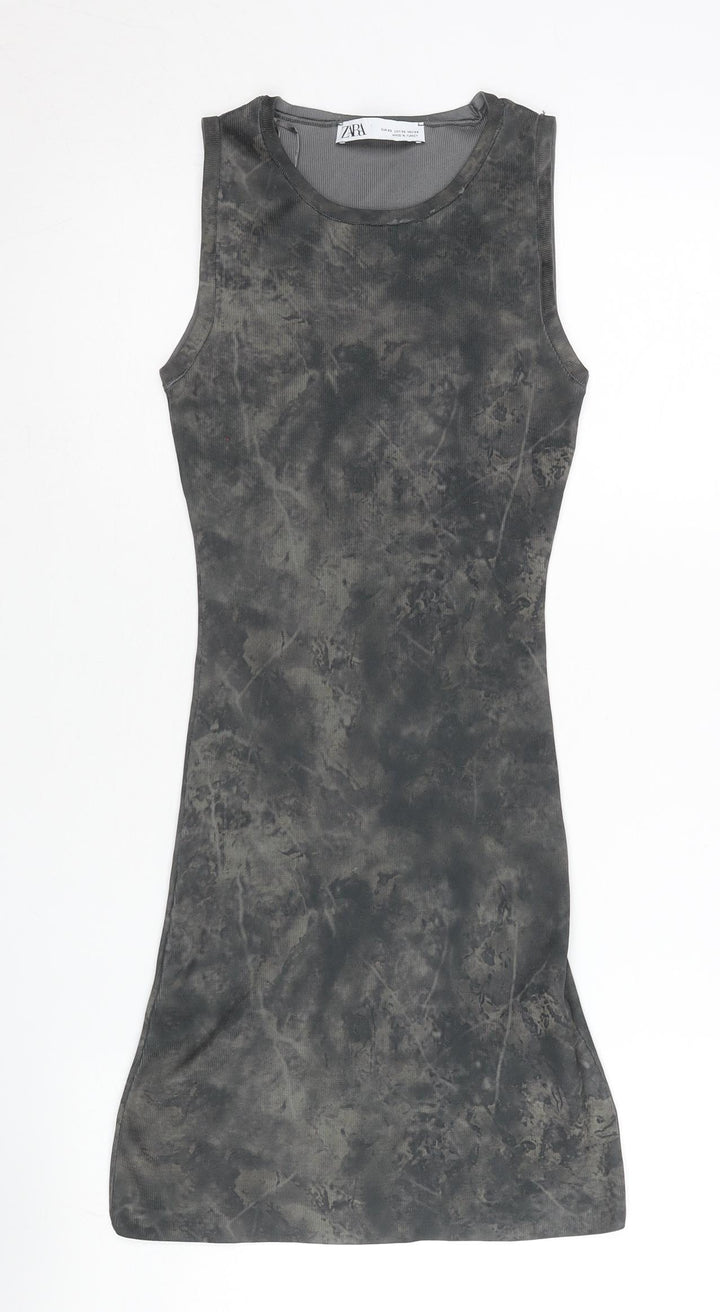 Zara Women Grey XS Bodycon Sleeveless Tie Dye Mini Dress