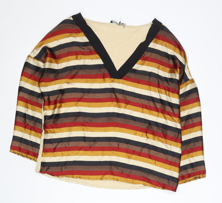 Mango Women’s Multicoloured Striped Blouse Size 12 V-Neck Tunic