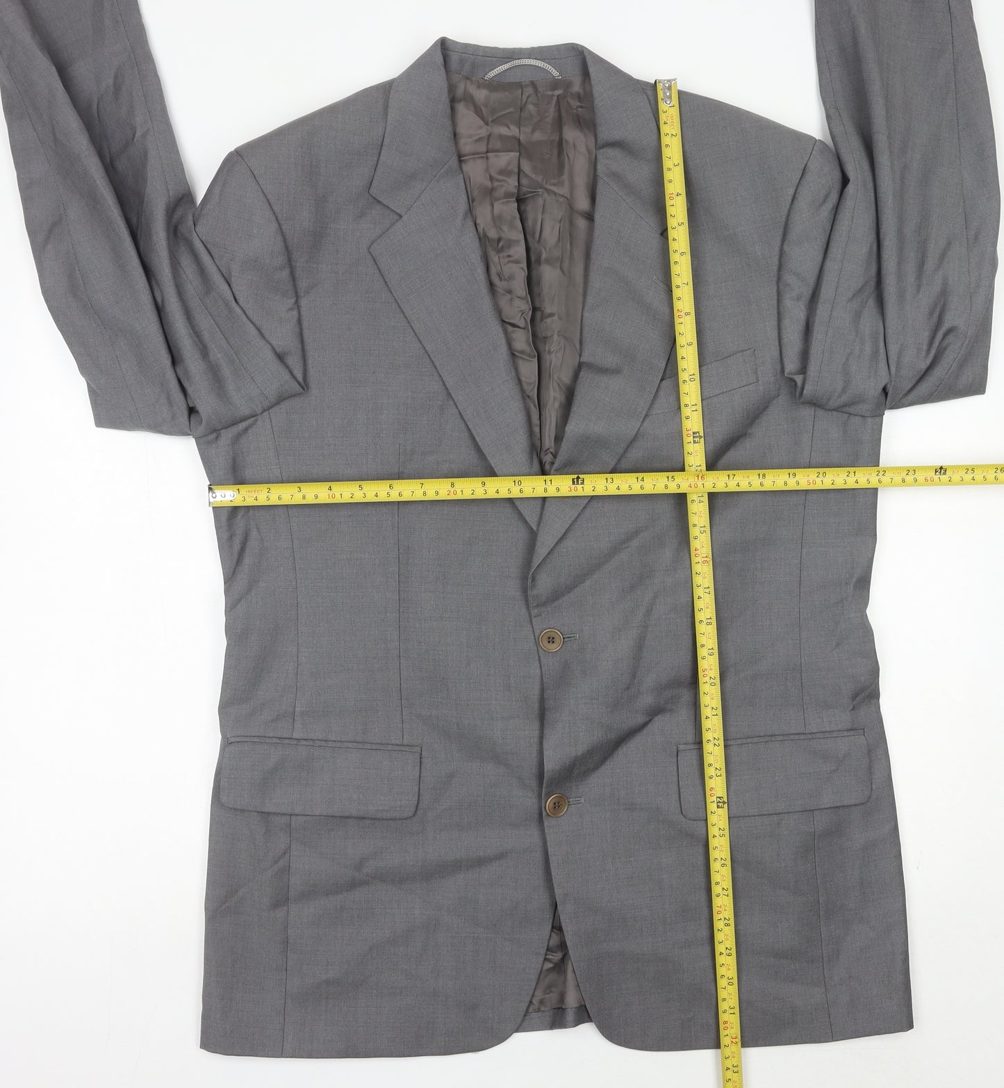 Mens Grey Wool Blazer Jacket 42L Single Breasted Classic Notch Lapel